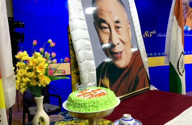 Members of Tibetan government-in-exile celebrate Dalai Lama's 85th birthday in Dharamshala on Monday. (ANI Photo)